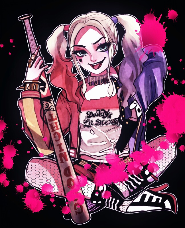1girl baseball_bat batman_(series) blonde_hair dc_comics dip-dyed_hair fishnets harley_quinn high_heel_boots jacket lipstick makeup sitting solo suicide_squad twintails weapon