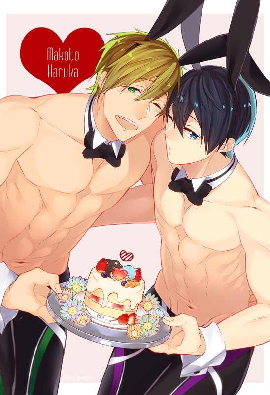 2boys black_hair blue_eyes brown_hair cake character_name detached_collar detached_sleeves food free! gesshi green_eyes looking_at_viewer male_focus multiple_boys muscle nanase_haruka_(free!) open_mouth rabbit_ears short_hair simple_background standing swim_trunks tachibana_makoto topless tray wink