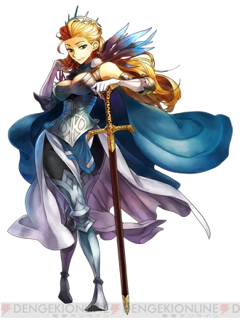 1girl adjusting_hair arm_behind_head armor blonde_hair blue_eyes breasts cape earring feather female gladius_ringland gloves grand_knights_history jewelry large_breasts legs_crossed logo long_gloves long_hair lowres official_art queen solo standing sword weapon