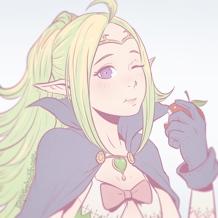 1girl apple artist_name cape eating female fire_emblem fire_emblem:_kakusei flat_chest flat_color food gloves green_hair koyorin long_hair looking_at_viewer nowi_(fire_emblem) one_eye_closed pale_color pointy_ears portrait purple_gloves simple_background solo violet_eyes web_address white_background