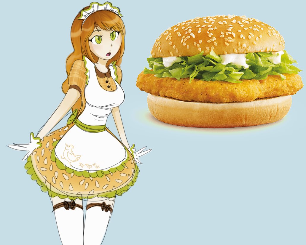 1girl :o apron bangs bird breasts brown_hair buttons chicken chicken_(food) commentary dress eyelashes food food_themed_clothes frills gloves green_eyes hamburger lettuce long_hair magpie_(fellune) maid maid_apron maid_headdress mayonnaise mcdonald's medium_breasts open_mouth personification photo plaid sandwich shiny shiny_hair short_dress short_sleeves solo thigh-highs waitress white_gloves white_legwear
