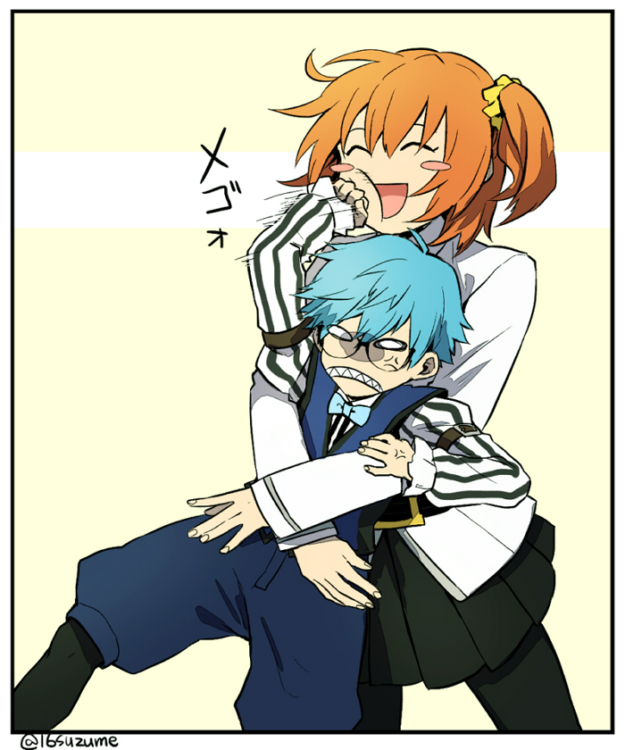 1boy 1girl ^_^ anger_vein angry belt black_legwear blue_hair blush bowtie caster_(fate/extra_ccc) clenched_teeth closed_eyes collared_shirt cowboy_shot fate/grand_order fate_(series) female_protagonist_(fate/grand_order) glasses height_difference hug hug_from_behind open_mouth orange_hair pantyhose punching shorts simple_background size_difference skirt somemiya_suzume striped striped_shirt teenage_girl_and_younger_boy teeth white_background yellow_background