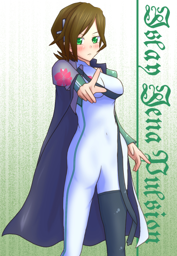 1girl arm_warmers armor artist_request blush bodysuit breasts brown_hair caladrius cape character_name covered_navel green_eyes hair_ornament islay_jena_pulsion looking_at_viewer serious shiny shiny_clothes shiny_hair short_hair single_thighhigh skin_tight solo standing thigh-highs
