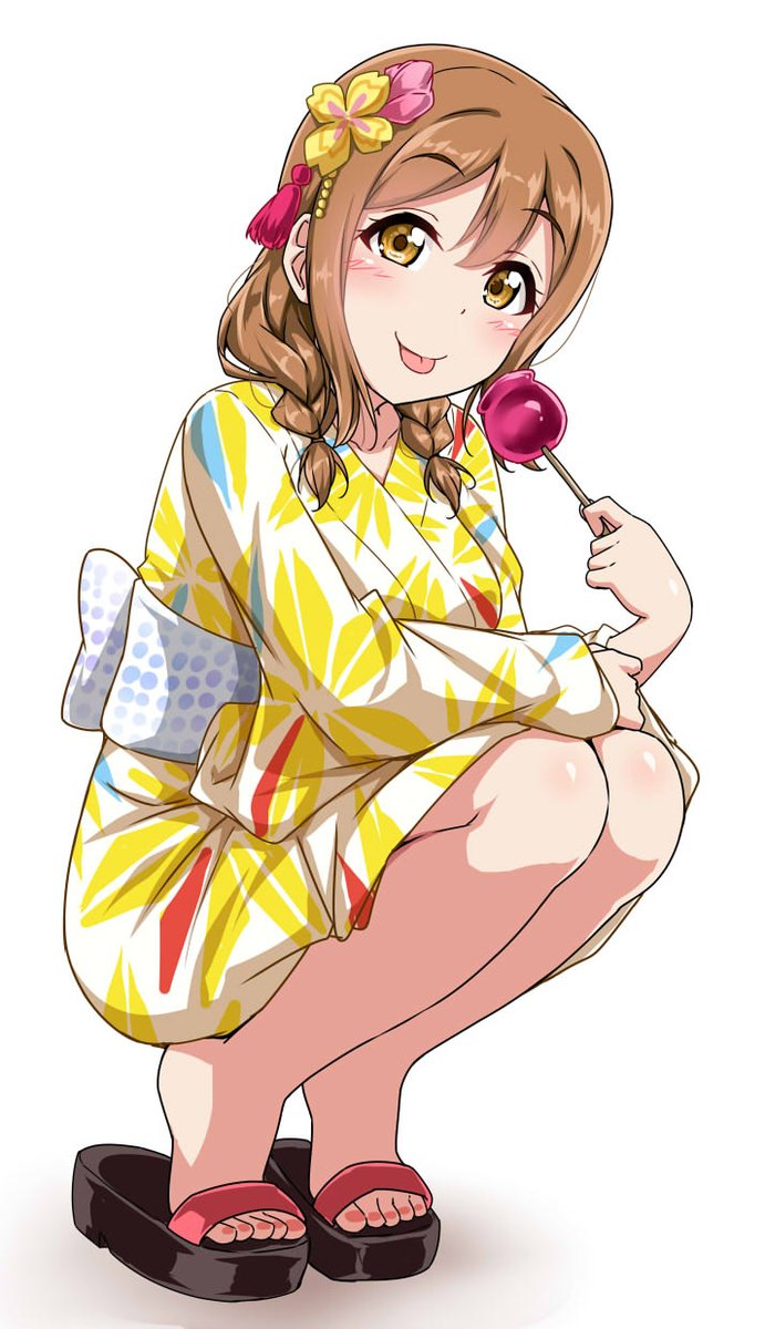 brown_eyes brown_hair candy kimono kunikida_hanamaru long_hair