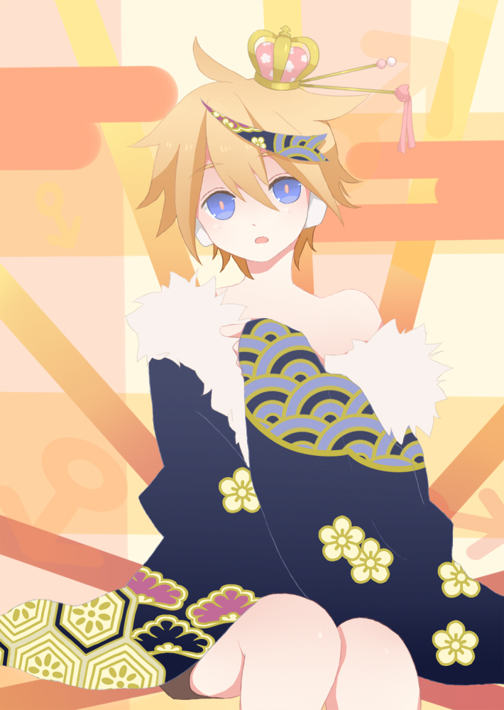 1boy blonde_hair blue_eyes blush crown egasumi floral_print fur gigantic_o.t.n_(vocaloid) gohan hanairi_kikkou hand_on_own_chest headphones honeycomb_pattern japanese_clothes kagamine_len male_focus multicolored_hair open_mouth seigaiha sitting solo traditional_clothes vocaloid