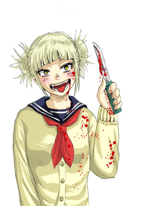 1girl artist_request bangs blonde_hair blood blood_on_face bloody_clothes blunt_bangs blush boku_no_hero_academia cardigan double_bun fangs knife messy_hair open_mouth school_uniform serafuku simple_background smile solo toga_himiko tongue upper_body weapon yellow_eyes