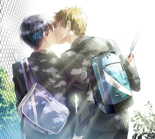 2boys backpack bag closed_eyes free! ice_cream kiss male_focus mina_(o414) multiple_boys nanase_haruka_(free!) outside school_uniform short_hair tachibana_makoto yaoi