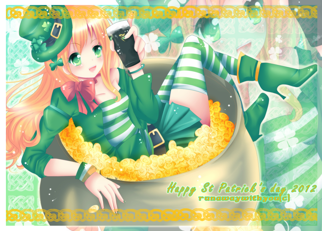 1girl alcohol blonde_hair cauldron clover coin gold_coin green_eyes guinness_(beer) hat leprechaun runawaywithyou saint_patrick's_day skirt solo striped_legwear thigh-highs