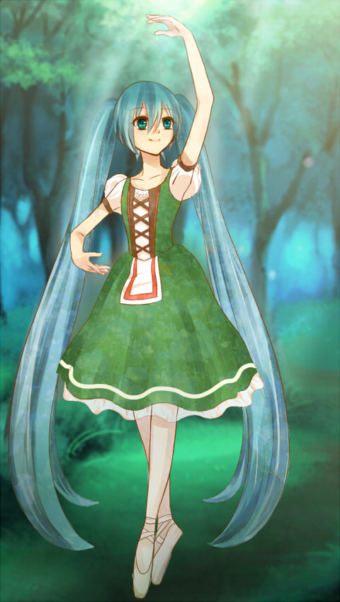 1girl alternate_costume aqua_eyes aqua_hair arm_up ballet ballet_slippers bare_arms dress forest gere_(gere2500) giselle_(ballet) green_dress hatsune_miku long_hair looking_up nature pantyhose port_de_bras smile solo twintails very_long_hair vocaloid