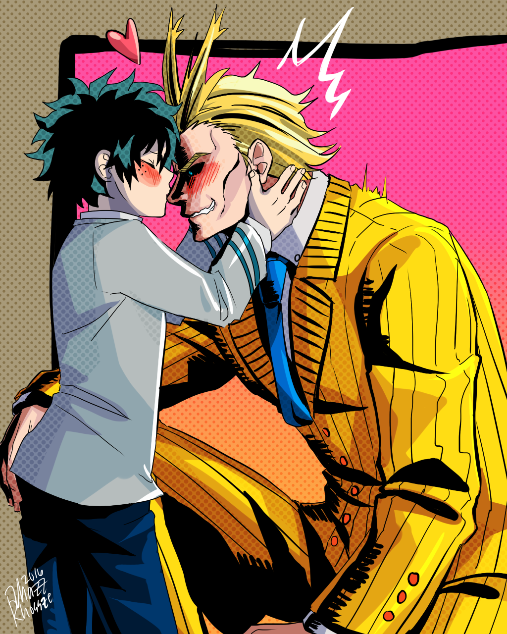&lt;3 2boys age_difference all_might blonde_hair blush boku_no_hero_academia kiss male_focus midoriya_izuku multiple_boys necktie size_difference suit wince yaoi