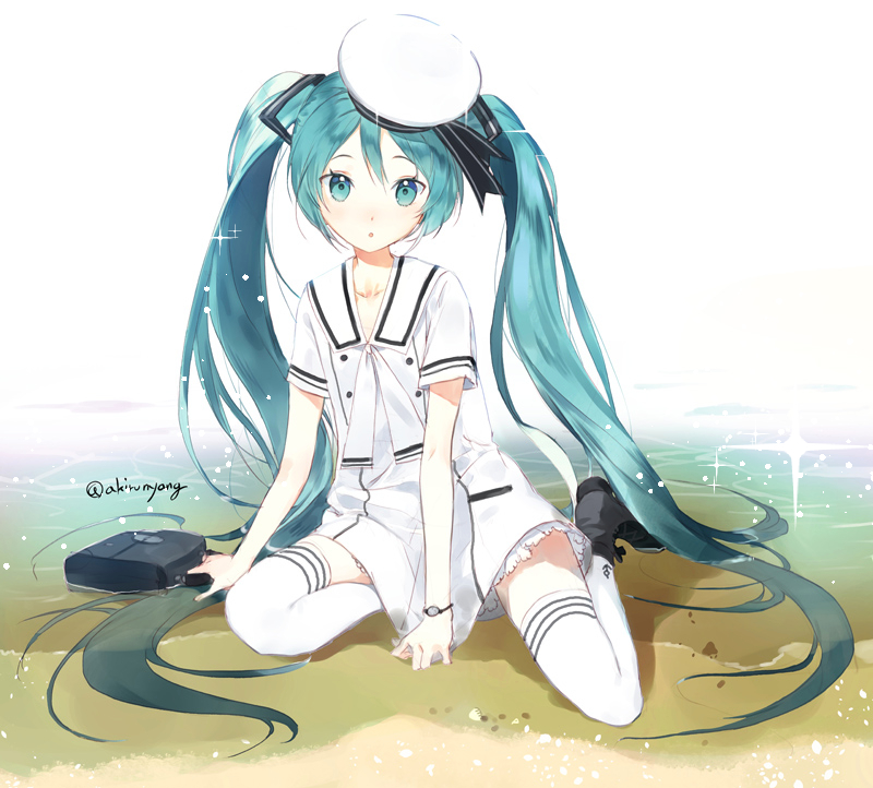 1girl akirunyang arm_support bag beach bent_knees black_footwear blue_eyes blue_hair blush boots buttons collarbone double_buttons dress female full_body hat hatsune_miku holding_bag jewelry long_hair looking_at_viewer ocean open_mouth outdoors ribbon sailor_hat sand school_bag school_uniform shoes short_dress short_sleeves sitting solo sparkle thigh-highs tied_hair twintails vocaloid water white_dress white_hat white_legwear white_outfit zettai_ryouiki