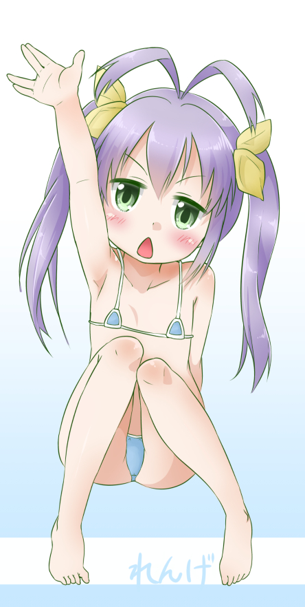 1girl armpit barefoot bikini child eyebrows feet hair_ornament kazuya_lolicon looking_at_viewer miyauchi_renge non_non_biyori open_mouth raising_hand shiny shiny_hair simple_background sitting solo swimsuit twintails white_background