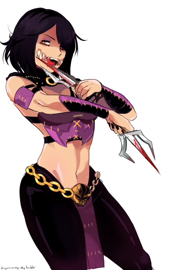 belt blood chains hair_over_one_eye makeup mileena mortal_kombat mortal_kombat_x ninja sharp_teeth short_hair solo teeth yellow_eyes