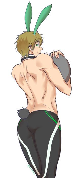 1boy brown_hair bunny_tail detached_collar free! from_behind looking_at_viewer male_focus rabbit_ears short_hair simple_background smile swim_trunks tachibana_makoto topless white_background