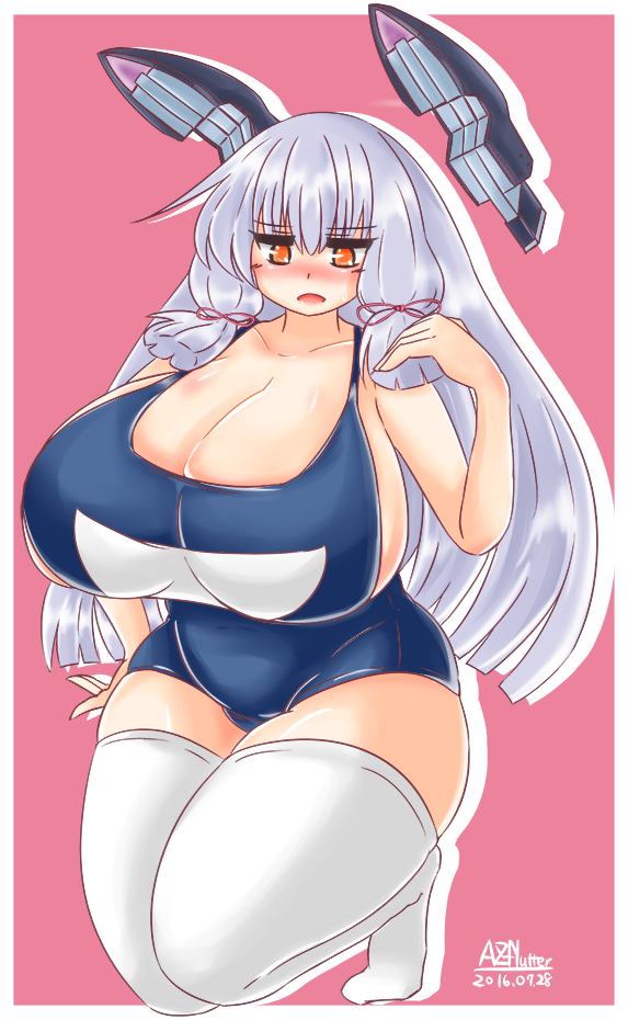 1girl alternate_breast_size ayazumi_flutter blue_swimsuit blush breasts cleavage collarbone curvy female gigantic_breasts kantai_collection kneeling long_hair murakumo_(kantai_collection) one-piece_swimsuit orange_eyes plump school_swimsuit sideboob silver_hair simple_background solo swimsuit thick_thighs thigh-highs white_legwear wide_hips