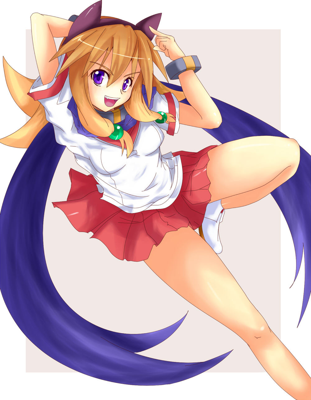 1girl animal_ears aq_interactive arcana_heart arcana_heart_2 artist_request bracelets brown_background brown_hair cape collar dog_ears examu fang grin hair_ornament highres inuwaka_akane long_hair looking_at_viewer open_mouth school_uniform shoes skirt sneakers two-tone_hair violet_eyes