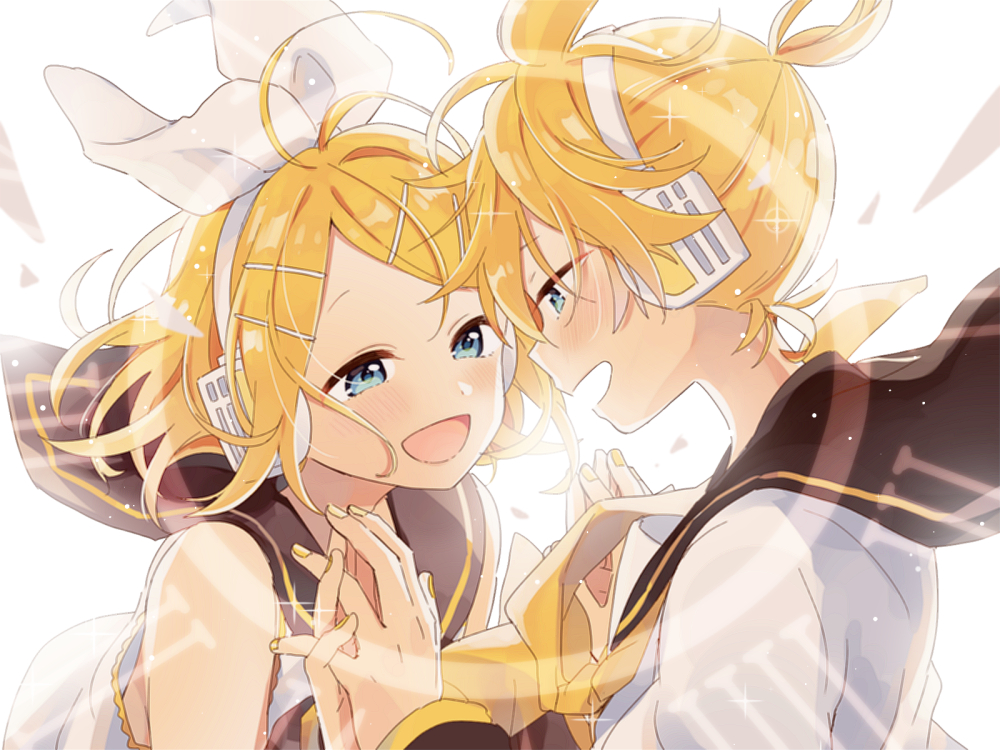 1boy 1girl analog_clock backlighting bare_arms bare_shoulders black_sailor_collar blonde_hair blue_eyes blush clock close-up commentary_request dot_nose eye_contact fingernails fingers_together floating_hair hair_ornament hair_ribbon hairclip half-closed_eyes happy headset high_ponytail holding_hands interlocked_fingers kagamine_len kagamine_rin light_particles looking_at_another necktie open_mouth ponytail profile puffy_short_sleeves puffy_sleeves ribbon roman_numerals sailor_collar see-through shiny shiny_hair shirt short_hair short_sleeves simple_background sleeveless sleeveless_shirt smile sparkle suzumi_(fallxalice) upper_body vocaloid white_background white_ribbon white_shirt yellow_neckwear