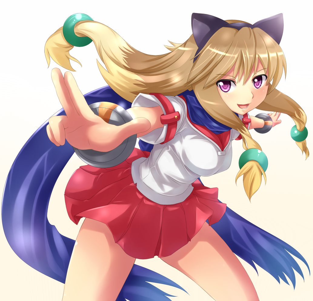 1girl animal_ears aq_interactive arcana_heart arcana_heart_2 bracelet breasts brown_hair dog_ears examu hair_ornament highres inuwaka_akane jewelry long_hair medium_breasts scarf school_uniform skirt two-tone_hair violet_eyes