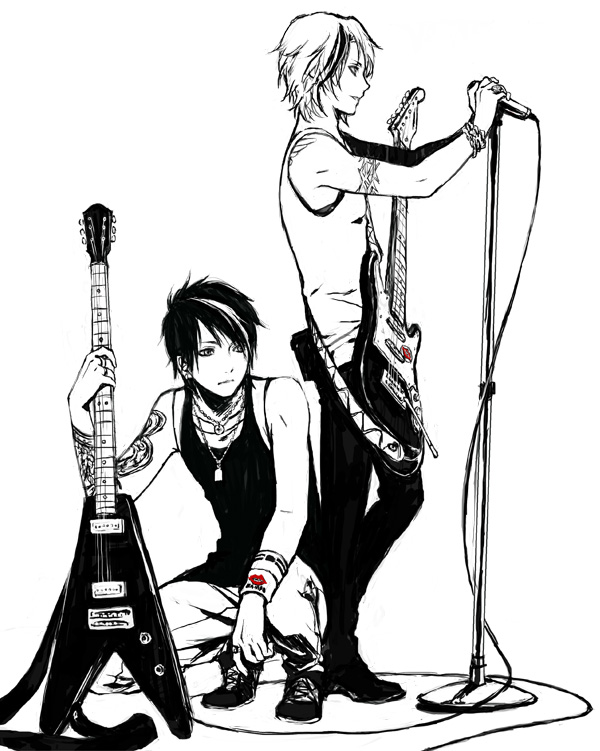 2boys black_hair jewelry male_focus microphone monochrome multiple_boys musical_instrument original pants short_hair sketch smile spot_color tattoo white_background white_hair