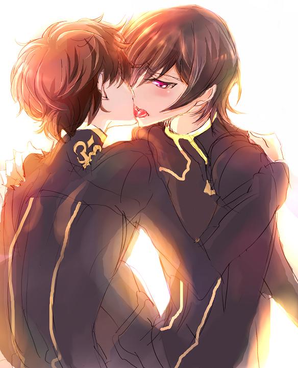 black_hair blush brown_hair code_geass couple hug kiss kururugi_suzaku lelouch_lamperouge seifuku short_hair tongue violet_eyes yaoi