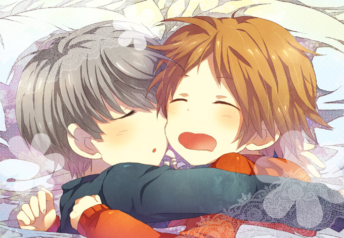 bed blush brown_hair child couple flower grey_hair hanamura_yousuke hug narukami_yuu persona persona_4 seta_souji short_hair sleeping yaoi