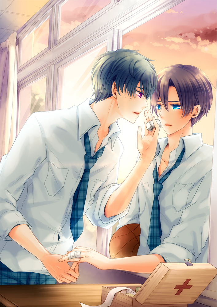 bandage black_hair blue_eyes blush brown_hair couple necktie original seifuku sky sunset violet_eyes yaoi