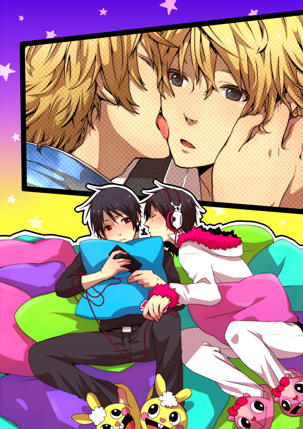 4boys blonde_hair blue_eyes blush clothes crossover cuddles durarara!! giggles happy_tree_friends headphones heiwajima_shizuo jacket licking multiple_boys open_mouth orihara_izaya outline pillow red_eyes selfcest slippers tongue tongue_out yaoi