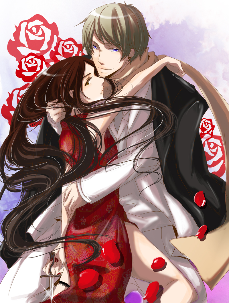 axis_powers_hetalia blue_eyes brown_eyes brown_hair china chinese_dress crossdressinging flower hug jacket long_hair russia scarf smile suit trap weapon yaoi