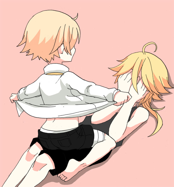 2boys bandage barefoot blonde_hair boy_on_top child collared_shirt covering_face lying male_focus miza-sore multiple_boys oliver_(vocaloid) open_clothes open_shirt pink_background short_shorts shorts simple_background sitting sitting_on_person vocaloid yohioloid