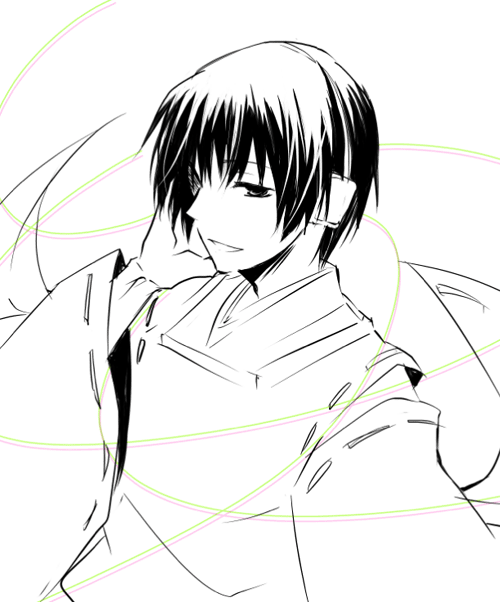 1boy axis_powers_hetalia happy headphones japan japanese_clothes male_focus monochrome music short_hair singing sketch solo spot_color upper_body white_background