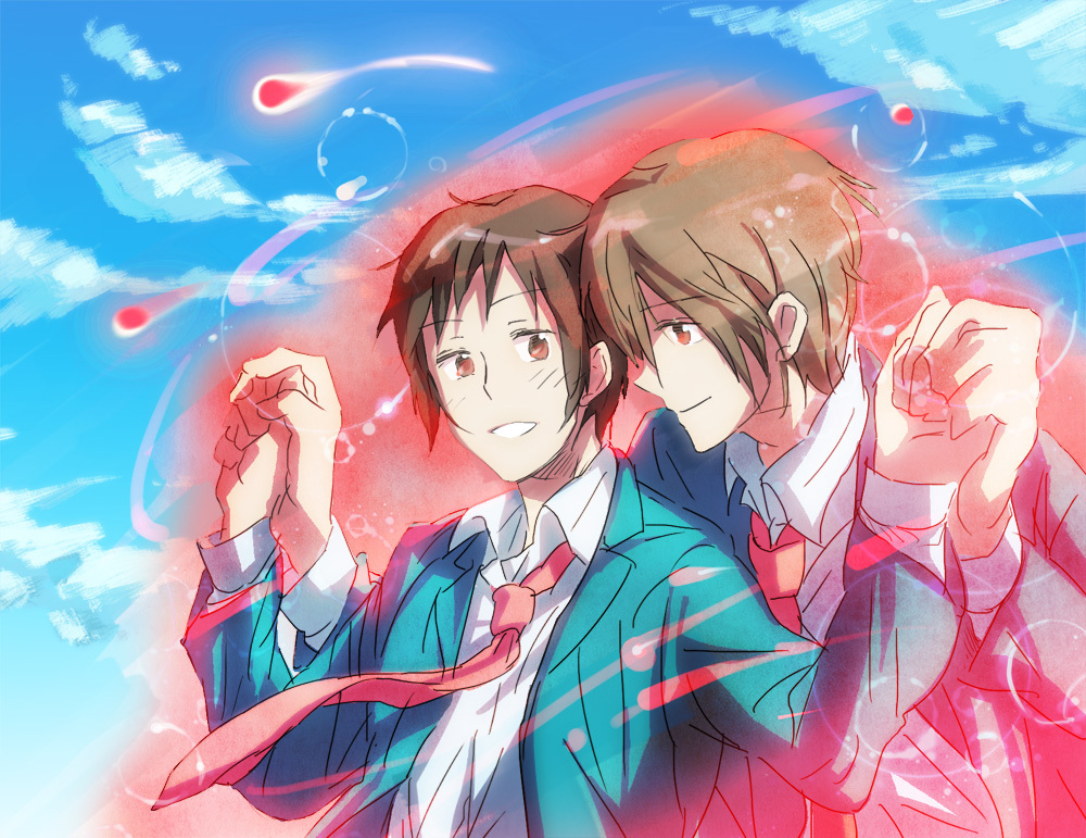 black_hair blush brown_hair couple hand_holding happy koizumi_itsuki kyon necktie red_eyes seifuku short_hair sky smile the_melancholy_of_haruhi_suzumiya yaoi