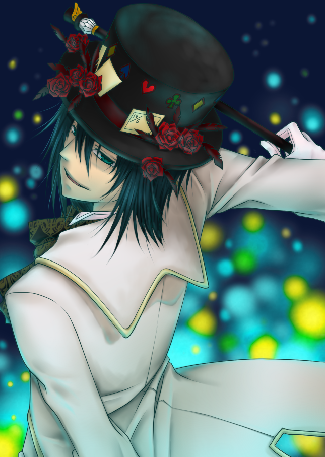 alice_in_the_country_of_the_heart black_hair blood_dupre flower gloves green_eyes hat short_hair smile