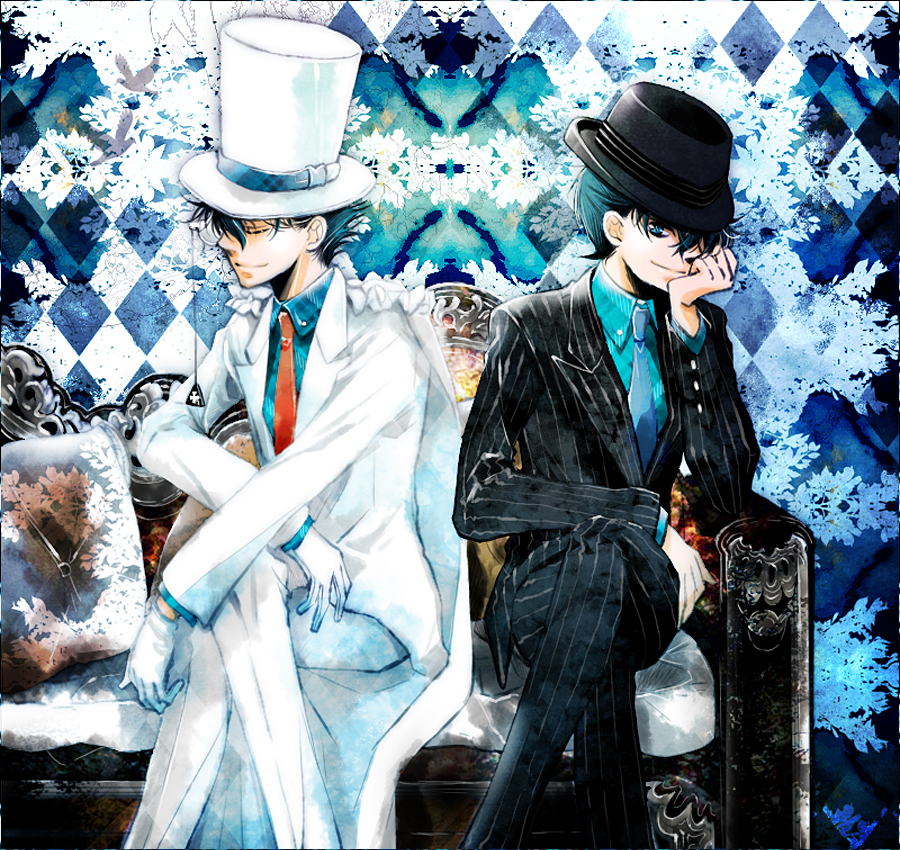 black_hair blue_eyes cape gloves hat kudou_shinichi kuroba_kaitou meitantei_conan necktie pants short_hair smile suit