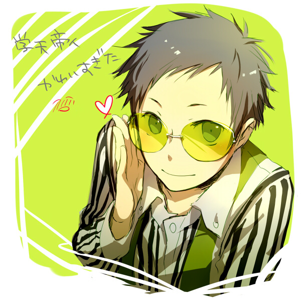 black_hair durarara!! glasses green_eyes heart ryuugamine_mikado short_hair smile sunglasses
