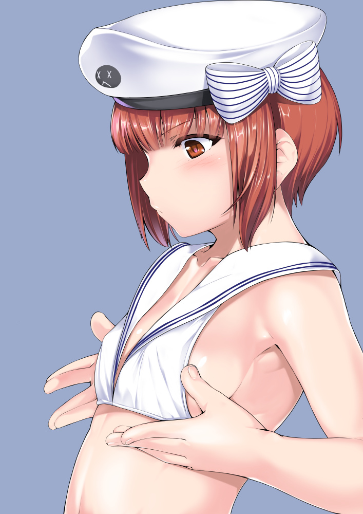 &gt;:( 1girl armpits bikini breast_conscious breasts brown_eyes brown_hair collarbone from_side hat kantai_collection lips looking_down midriff mr.lostman profile sailor_bikini sailor_collar sailor_hat serious short_hair sideboob small_breasts solo swimsuit upper_body white_bikini white_hat z3_max_schultz_(kantai_collection)