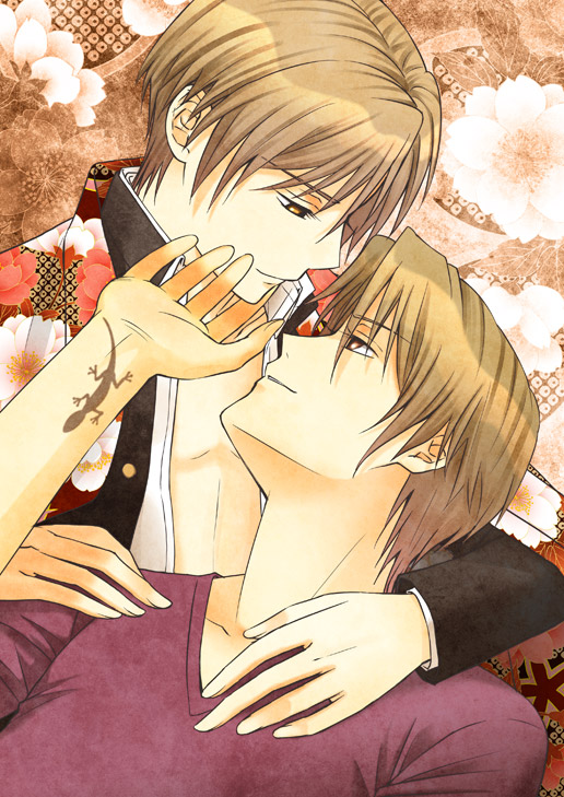 blonde_hair brown_eyes brown_hair couple flower japanese_clothes natori_shuuichi natsume_takashi natsume_yuujinchou seifuku short_hair smile tattoo yaoi yellow_eyes