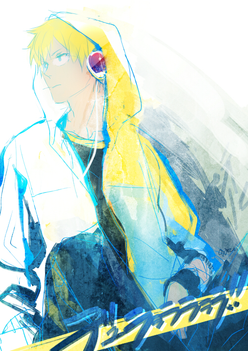 1boy blonde_hair blue_eyes durarara!! glasses headphones heiwajima_shizuo jacket sketch