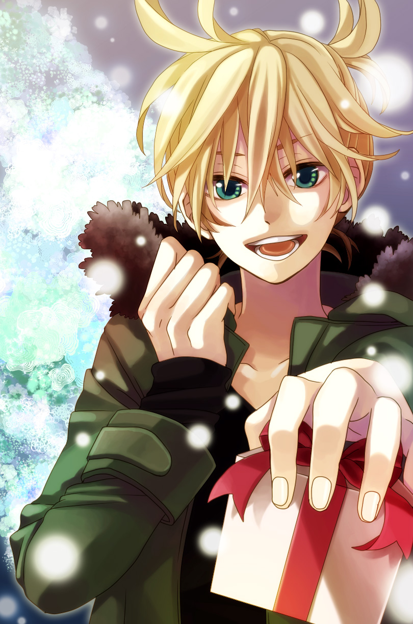 1boy ahoge box gift green_eyes happy jacket kagamine_len male_focus open_mouth ponytail short_hair smile snow vocaloid winter yamako_(state_of_children)