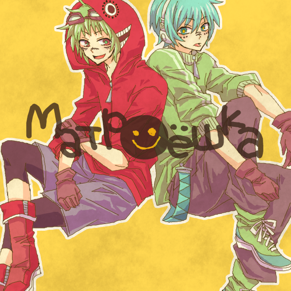 blue_eyes blue_hair boots genderswap gloves goggles green_eyes green_hair gumo happy hatsune_mikuo headphones jacket male_focus pants red_eyes shorts tongue vocaloid yellow_eyes