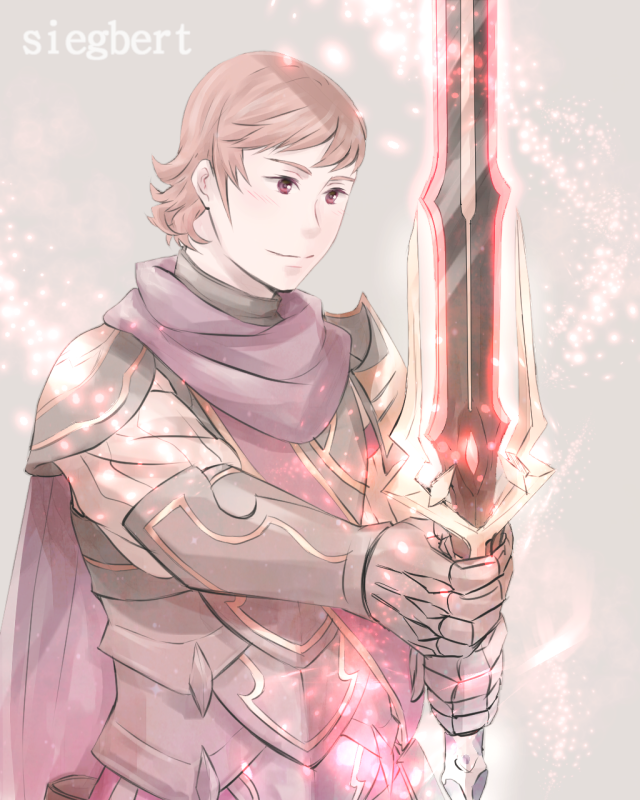 1boy armor cape character_name fire_emblem fire_emblem_if gloves grey_background pink_hair red_eyes siegbert_(fire_emblem_if) solo sparkle sword tico upper_body weapon