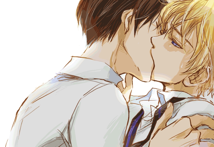 blonde_hair blue_eyes brown_hair couple kiss necktie ootori_kyoya ouran_high_school_host_club seifuku short_hair suou_tamaki yaoi