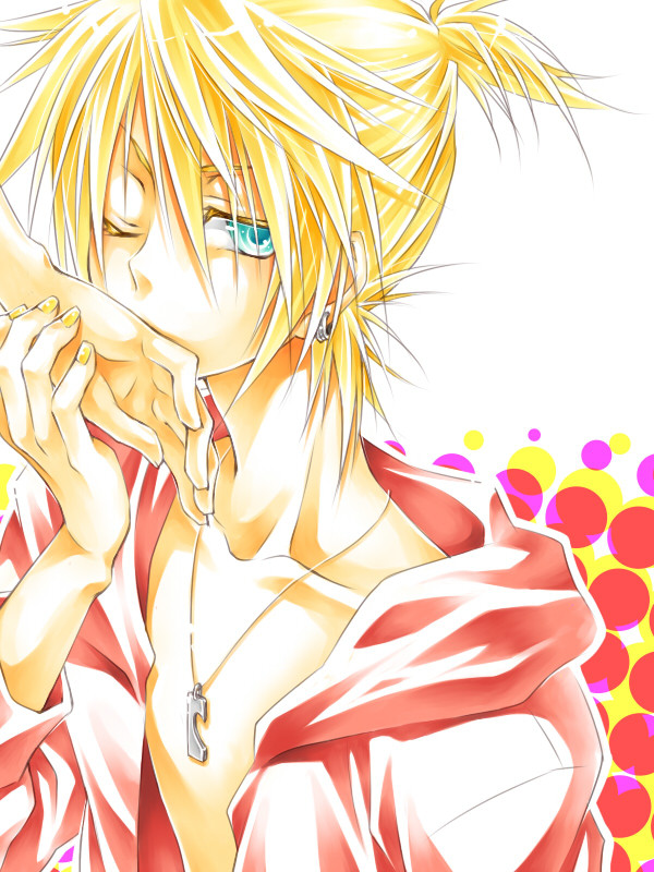 1boy blonde_hair earring green_eyes hood jacket jewelry kagamine_len male_focus necklace open_clothes ponytail shippou_(pattern) short_hair vocaloid wink