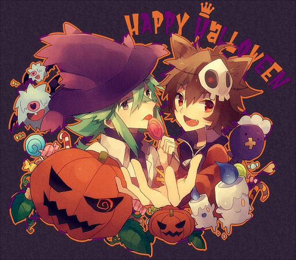 2boys blue_fire brown_hair candle candy candycane green_hair halloween happy_halloween jack-o-lantern litwick lollipop long_hair male_focus multiple_boys n_(pokemon) pokemon pokemon_request short_hair swirl_lollipop tagme touya_(pokemon) wizard_hat woobat