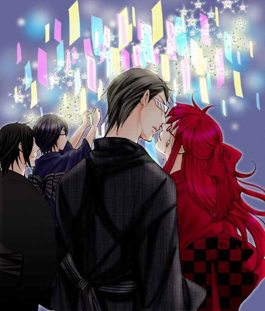 ahoge black_hair ciel_phantomhive couple crossdressinging glasses grell_sutcliffe group holiday japanese_clothes kiss kuroshitsuji long_hair redhead sebastian_michaelis short_hair smile stars william_t_spears yaoi