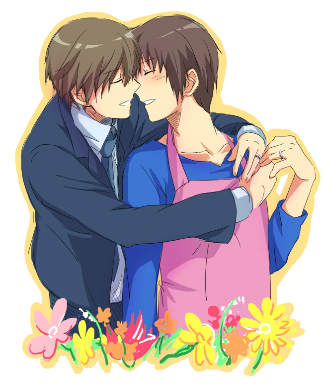 &amp;hat;_&amp;hat; apron blush brown_hair couple flower happy hug koizumi_itsuki kyon necktie short_hair suit the_melancholy_of_haruhi_suzumiya yaoi