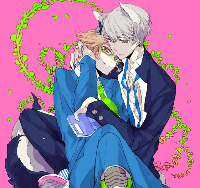 book brown_eyes brown_hair couple dog_ears glasses grey_eyes grey_hair hanamura_yousuke hand_holding hug narukami_yuu necktie persona persona_4 seta_souji short_hair smile suit tail yaoi