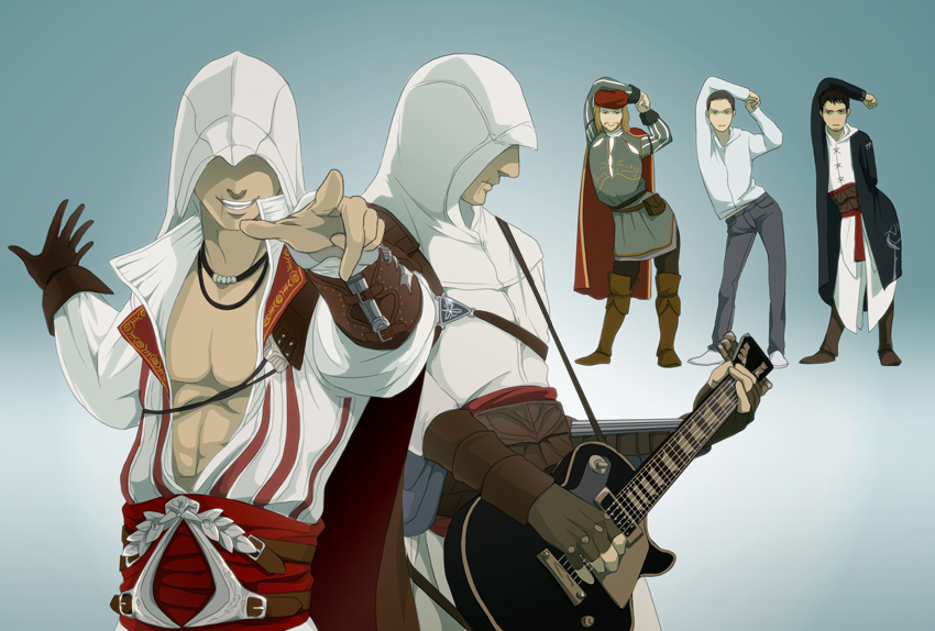 altair_ibn_la-ahad assassin's_creed desmond_miles ezio_auditore group guitar hat leonardo_da_vinci malik_al-sayf