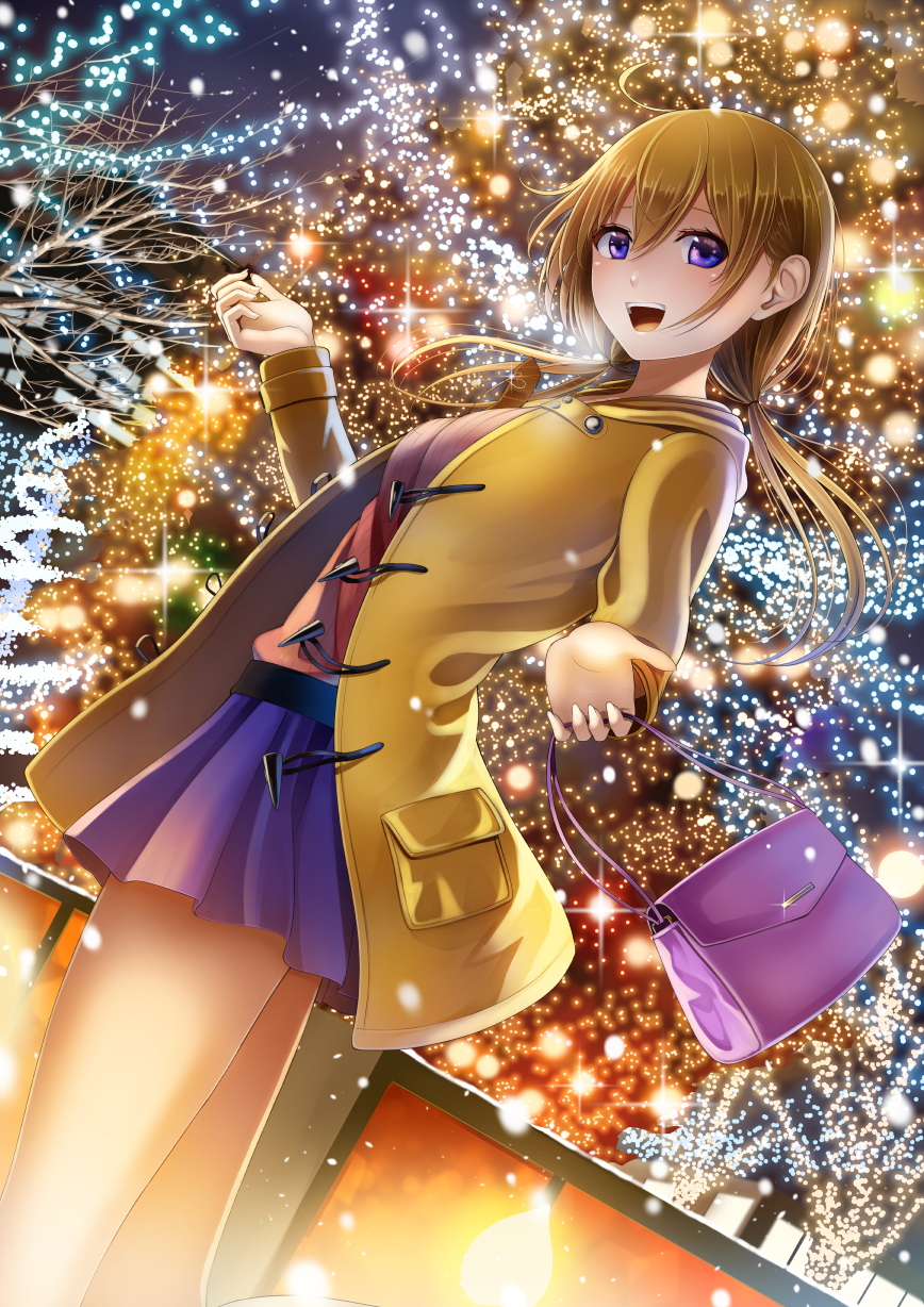 1girl :d ahoge bag bare_back blonde_hair blue_skirt blush breasts building christmas coat dutch_angle glint handbag highres holding_bag illumination kentaurosu light light_particles long_sleeves low_twintails medium_breasts open_clothes open_coat open_mouth outdoors plant pleated_skirt pocket skirt smile standing sweater teeth twintails violet_eyes winter