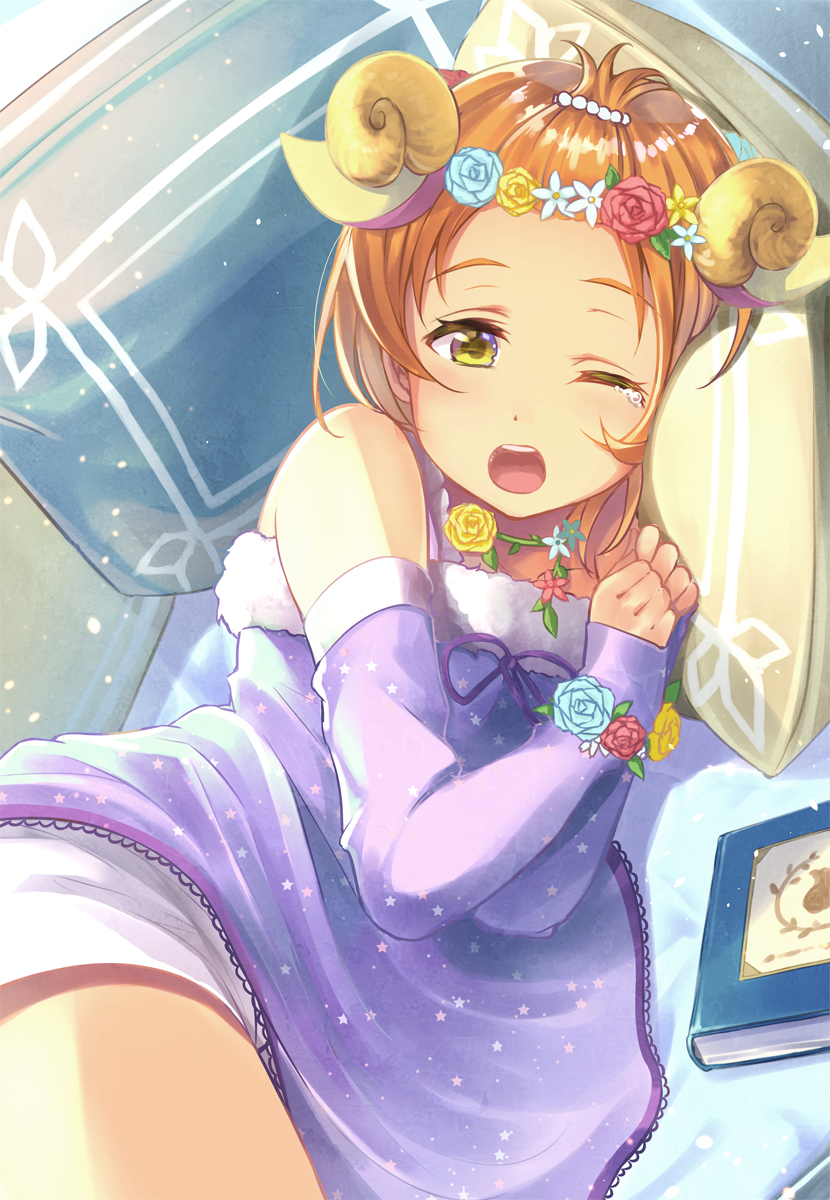 1girl animal_ears bangs_pinned_back blanket blush book clenched_hands cowengium detached_sleeves flower flower_necklace fur_trim hands_together head_wreath highres horns hoshizora_rin jewelry looking_at_viewer love_live! love_live!_school_idol_festival love_live!_school_idol_project lying neck_ribbon necklace on_side one_eye_closed open_mouth orange_hair pillow purple_neckwear ribbon sheep_ears sheep_horns short_hair sideways sleeves_past_wrists solo watery_eyes wrist_flower yellow_eyes