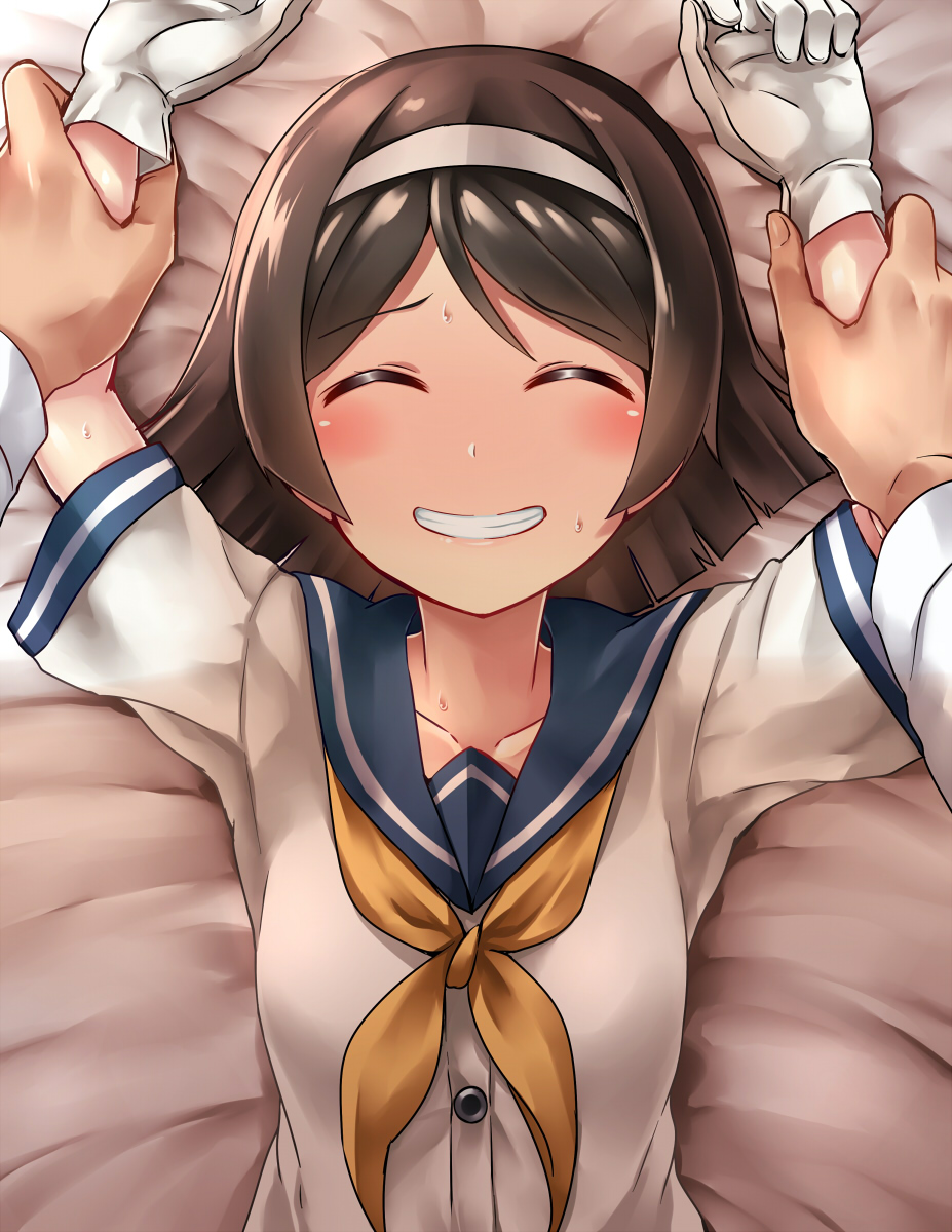 1girl admiral_(kantai_collection) anchor_symbol arm_grab arms_up bed bed_sheet blush brown_hair closed_eyes collarbone from_above gloves grin hairband highres kamelie kantai_collection lying military military_uniform neckerchief on_back sailor_collar school_uniform serafuku short_hair short_sleeves smile tanikaze_(kantai_collection) uniform upper_body white_gloves